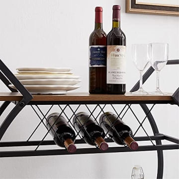 LVB Bar Cart with Wine Rack, 2 Tier Kitchen Cart on Wheels, Modern Wood and Metal Portable Coffee Cart Table for Home, Utility Industrial Mobile Serving Cart with Storage Shelf, Rustic Oak