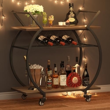 LVB Bar Cart with Wine Rack, 2 Tier Kitchen Cart on Wheels, Modern Wood and Metal Portable Coffee Cart Table for Home, Utility Industrial Mobile Serving Cart with Storage Shelf, Rustic Oak