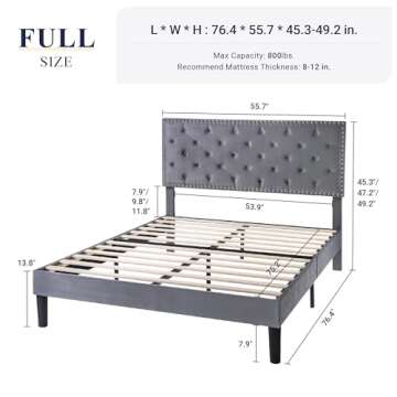 Allewie Full Size Velvet Upholstered Platform Bed Frame with Adjustable Diamond Button Tufted and Na...