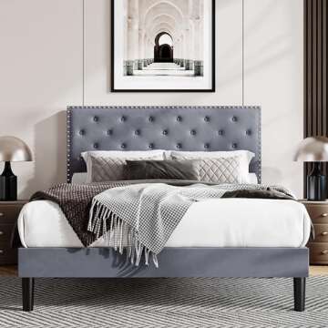 Allewie Full Size Velvet Upholstered Platform Bed Frame with Adjustable Diamond Button Tufted and Nailhead Trim Headboard, Wood Slat Support, Easy Assembly, No Box Spring Needed, Light Grey