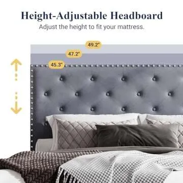 Allewie Full Size Velvet Upholstered Platform Bed Frame with Adjustable Diamond Button Tufted and Nailhead Trim Headboard, Wood Slat Support, Easy Assembly, No Box Spring Needed, Light Grey