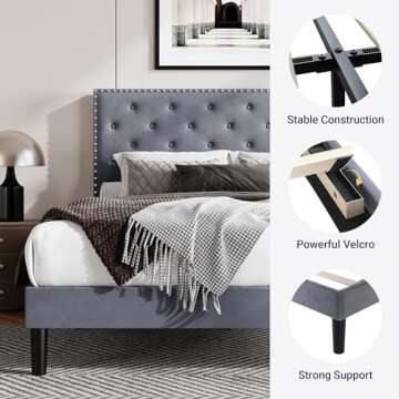 Allewie Full Size Velvet Upholstered Platform Bed Frame with Adjustable Diamond Button Tufted and Nailhead Trim Headboard, Wood Slat Support, Easy Assembly, No Box Spring Needed, Light Grey