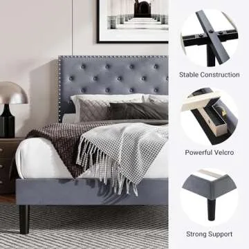 Allewie Full Size Velvet Upholstered Platform Bed Frame with Adjustable Diamond Button Tufted and Nailhead Trim Headboard, Wood Slat Support, Easy Assembly, No Box Spring Needed, Light Grey