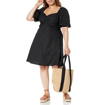 The Drop Nala Ruche Front Linen Mini Dress in Black