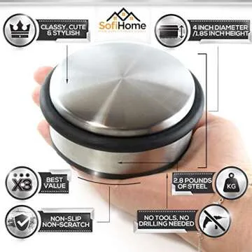 Stainless Steel Door Stopper (3 Pack) 4"x1.85"– Premium SofiHome Top Durability Door Stops with Silica Gel Treads – Stylish Decorative Heavy Duty Door Stop for Draft Stopping and Floor & Wall Safety