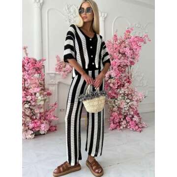 KANSOON Womens 2 Piece Outfits Summer Crochet Knit Short Sleeve Button Down Shirt Wide Leg Pants Beach Vacation Sets