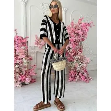 KANSOON Womens 2 Piece Outfits Summer Crochet Knit Short Sleeve Button Down Shirt Wide Leg Pants Beach Vacation Sets