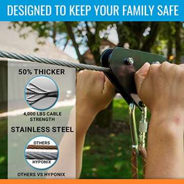 Zip Line Kit for Kids and Adults, 100/120 / 150/200 ft, Up to 350 Lbs, Rustproof Stainless Steel, Quick Setup with Ratchet, Safety Harness, Backyard Adventure Fun Includes Climbing Holds