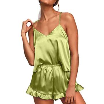 CHYRII Women's Sexy Silk Satin Ruffled Pajamas Sets Cami Shorts Sets Sleepwear