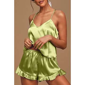 CHYRII Women's Sexy Silk Satin Ruffled Pajamas Sets Cami Shorts Sets Sleepwear