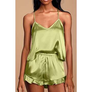 CHYRII Women's Sexy Silk Satin Ruffled Pajamas Sets Cami Shorts Sets Sleepwear
