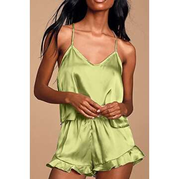 CHYRII Women's Sexy Silk Satin Ruffled Pajamas Sets Cami Shorts Sets Sleepwear