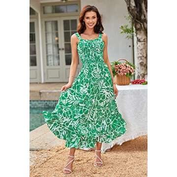 GRACE KARIN Women's 2025 Summer Floral Boho Dress Square Neck Strapped Swing A Line Sundress Beach Long Maxi OutfitsGreen Floral S