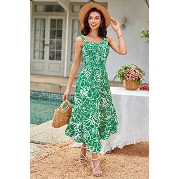 GRACE KARIN Women's 2025 Summer Floral Boho Dress Square Neck Strapped Swing A Line Sundress Beach Long Maxi OutfitsGreen Floral S
