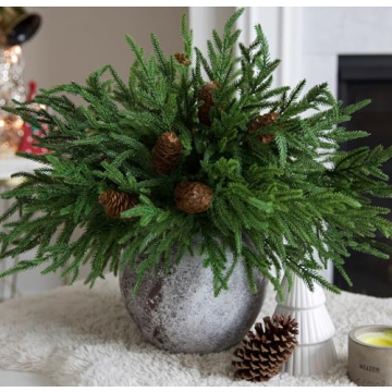 Artificial Christmas Norfolk Pine Stems - 12 Bundles of Faux Greenery for Holiday Decorating