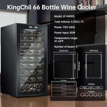 KingChii 66 Bottle Wine Cooler Refrigerator - Intelligent Digital Control Wine Fridge, Low Noise Operation, Freestanding Wine Refrigerator for Home and Kitchen