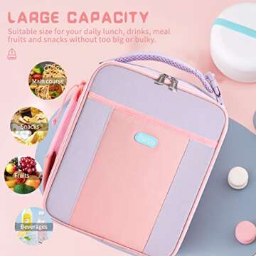 Starlord Kids Lunch Box Insulated Soft Lunch Bag, Durable Cooler and Thermal Water-Resistant Lunch Tote for Boys Girls Children to School Travel Picnic (Light Purple+Pink)