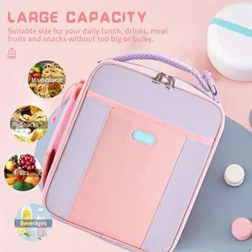 Starlord Kids Lunch Box Insulated Soft Lunch Bag, Durable Cooler and Thermal Water-Resistant Lunch Tote for Boys Girls Children to School Travel Picnic (Light Purple+Pink)