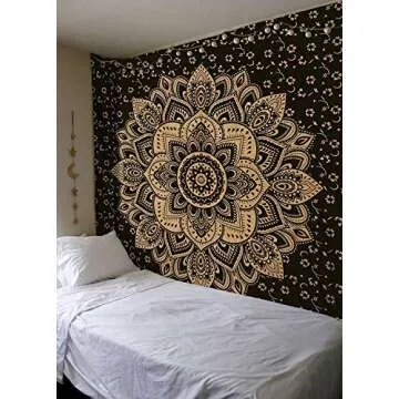 Madhu International Mandala Tapestry Cotton | Indian Hippie Dorm Bohemian Psychedelic Peacock Mandala | Wall Hanging, Beach Throw, Bedsheet, Table Cover, Yoga Mat | Queen (Black-Gold, 84 x 90 Inch)
