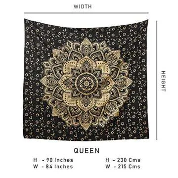 Madhu International Mandala Tapestry Cotton | Indian Hippie Dorm Bohemian Psychedelic Peacock Mandala | Wall Hanging, Beach Throw, Bedsheet, Table Cover, Yoga Mat | Queen (Black-Gold, 84 x 90 Inch)