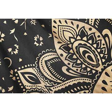 Madhu International Mandala Tapestry Cotton | Indian Hippie Dorm Bohemian Psychedelic Peacock Mandala | Wall Hanging, Beach Throw, Bedsheet, Table Cover, Yoga Mat | Queen (Black-Gold, 84 x 90 Inch)
