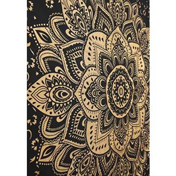 Madhu International Mandala Tapestry Cotton | Indian Hippie Dorm Bohemian Psychedelic Peacock Mandala | Wall Hanging, Beach Throw, Bedsheet, Table Cover, Yoga Mat | Queen (Black-Gold, 84 x 90 Inch)