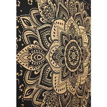 Madhu International Mandala Tapestry Cotton | Indian Hippie Dorm Bohemian Psychedelic Peacock Mandala | Wall Hanging, Beach Throw, Bedsheet, Table Cover, Yoga Mat | Queen (Black-Gold, 84 x 90 Inch)