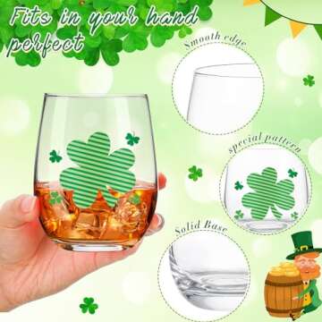 Umigy 8 Pcs St Patrick's Day Wine Glasses Irish Wine Glasses Bulk 15 oz Shamrock Wine Glasses Green Stemless St Patrick's Day Wine Glasses for Women Friends Party Gifts Family