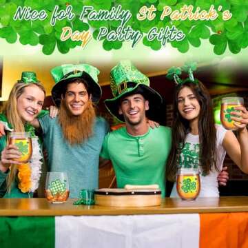 Umigy 8 Pcs St Patrick's Day Wine Glasses Irish Wine Glasses Bulk 15 oz Shamrock Wine Glasses Green Stemless St Patrick's Day Wine Glasses for Women Friends Party Gifts Family