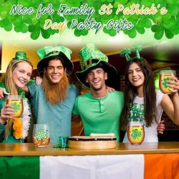 Umigy 8 Pcs St Patrick's Day Wine Glasses Irish Wine Glasses Bulk 15 oz Shamrock Wine Glasses Green Stemless St Patrick's Day Wine Glasses for Women Friends Party Gifts Family