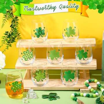 Umigy 8 Pcs St Patrick's Day Wine Glasses Irish Wine Glasses Bulk 15 oz Shamrock Wine Glasses Green Stemless St Patrick's Day Wine Glasses for Women Friends Party Gifts Family