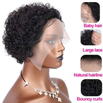 BAIHONG 6 inch Lace Front Pixie Cut Wig With Short Curly Human Hair - 13X1 HD Lace, Plucked and Bleached Knots - For Black Women