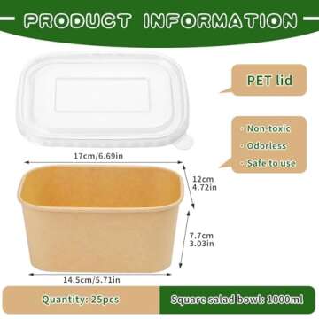 Fniiva 25 ​Pack 33 oz Paper Bowls, Disposable Food Containers with Lids, Rectangular Disposable Bo...