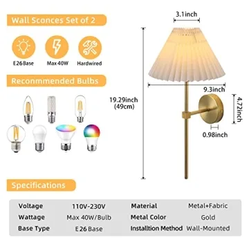 KELUOLY Wall Sconces Sets of 2 White Fabric lampshade Gold Wall Lamp Column Bracket Wall Lighting Bathroom Dresser Hardwired lamp Applicable to Living Room Bedroom Dining Room