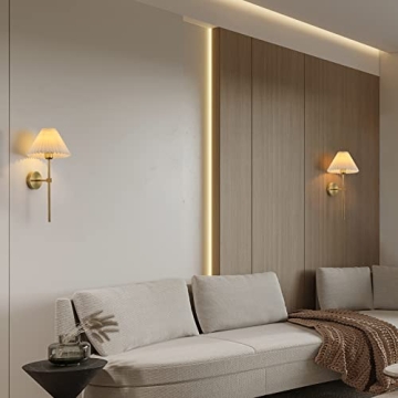 KELUOLY Wall Sconces Sets of 2 White Fabric lampshade Gold Wall Lamp Column Bracket Wall Lighting Bathroom Dresser Hardwired lamp Applicable to Living Room Bedroom Dining Room