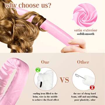 Heatless Curling Rod Headband for Overnight Silk Ribbon Hair Styling, No Heat Hair Rollers with Clips for Long Hair (Pink)
