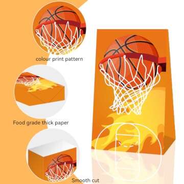 YIPAXEJE 12 Basketball Themed Paper Birthday Gift Bags - Perfect Size for Snack Bags, Party Favor Bags, and Kids Birthday Gift Bags - 8.26" H x 4.72" L x 2.75" W with Stickers