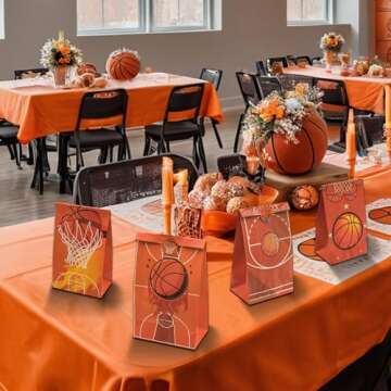 YIPAXEJE 12 Basketball Themed Paper Birthday Gift Bags - Perfect Size for Snack Bags, Party Favor Bags, and Kids Birthday Gift Bags - 8.26" H x 4.72" L x 2.75" W with Stickers