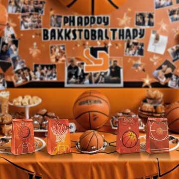 YIPAXEJE 12 Basketball Themed Paper Birthday Gift Bags - Perfect Size for Snack Bags, Party Favor Bags, and Kids Birthday Gift Bags - 8.26" H x 4.72" L x 2.75" W with Stickers