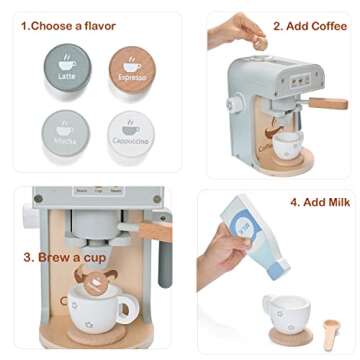 MONT PLEASANT Kids Wooden Toys Toddler Pretend Play Kitchen Accessories Coffee Maker Espresso Machine Playset Montessori Kitchen Toy Gift for Girls and Boys