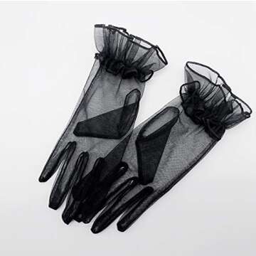 QRBTSCL Women's Short Mesh Gloves Ruffled Tulle Wedding Party Gloves Short Prom Evening Gloves Black