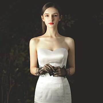 QRBTSCL Women's Short Mesh Gloves Ruffled Tulle Wedding Party Gloves Short Prom Evening Gloves Black