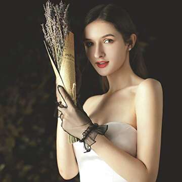 QRBTSCL Women's Short Mesh Gloves Ruffled Tulle Wedding Party Gloves Short Prom Evening Gloves Black