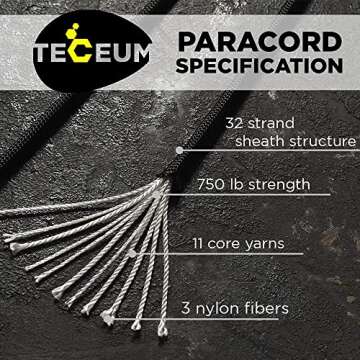 TECEUM Paracord Type IV 750 lb Black 016 – 50 ft – 4mm – 100% Nylon Strong Tactical MIL–SPEC...