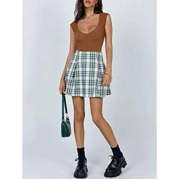 REORIA Women's Summer Sexy Casual V Neck Double Lined Seamless Sleeveless Slimming One Piece Leotards Going Out Trendy Tank Top Tees Thong Bodysuits Brown Medium