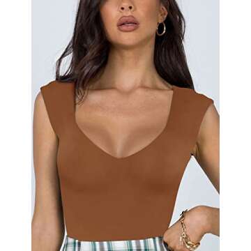 REORIA Women's Summer Sexy Casual V Neck Double Lined Seamless Sleeveless Slimming One Piece Leotards Going Out Trendy Tank Top Tees Thong Bodysuits Brown Medium