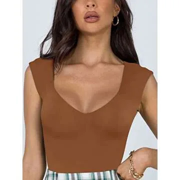 REORIA Women's Summer Sexy Casual V Neck Double Lined Seamless Sleeveless Slimming One Piece Leotards Going Out Trendy Tank Top Tees Thong Bodysuits Brown Medium
