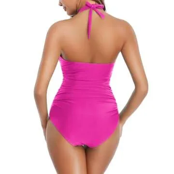 Smismivo Women's Tummy Control Swimwear Slimming One Piece Swimsuits Long Torso Curvy V Neck Halter Push Up Retro Vintage Sexy Cute Full Coverage Big Busted Padded Ruched 1 Piece Swimsuit (Pink)