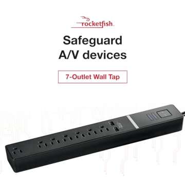 Rocketfish 7-Outlet/2-USB 2100 Joules Surge Protector Strip - Multiple-Outlet Extension Cord with Surge Protection - Power Strip with USB Ports - Travel & Home Extension Cord for Wall Outlets - Black