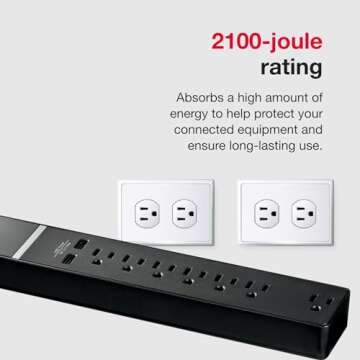 Rocketfish 7-Outlet/2-USB 2100 Joules Surge Protector Strip - Multiple-Outlet Extension Cord with Surge Protection - Power Strip with USB Ports - Travel & Home Extension Cord for Wall Outlets - Black